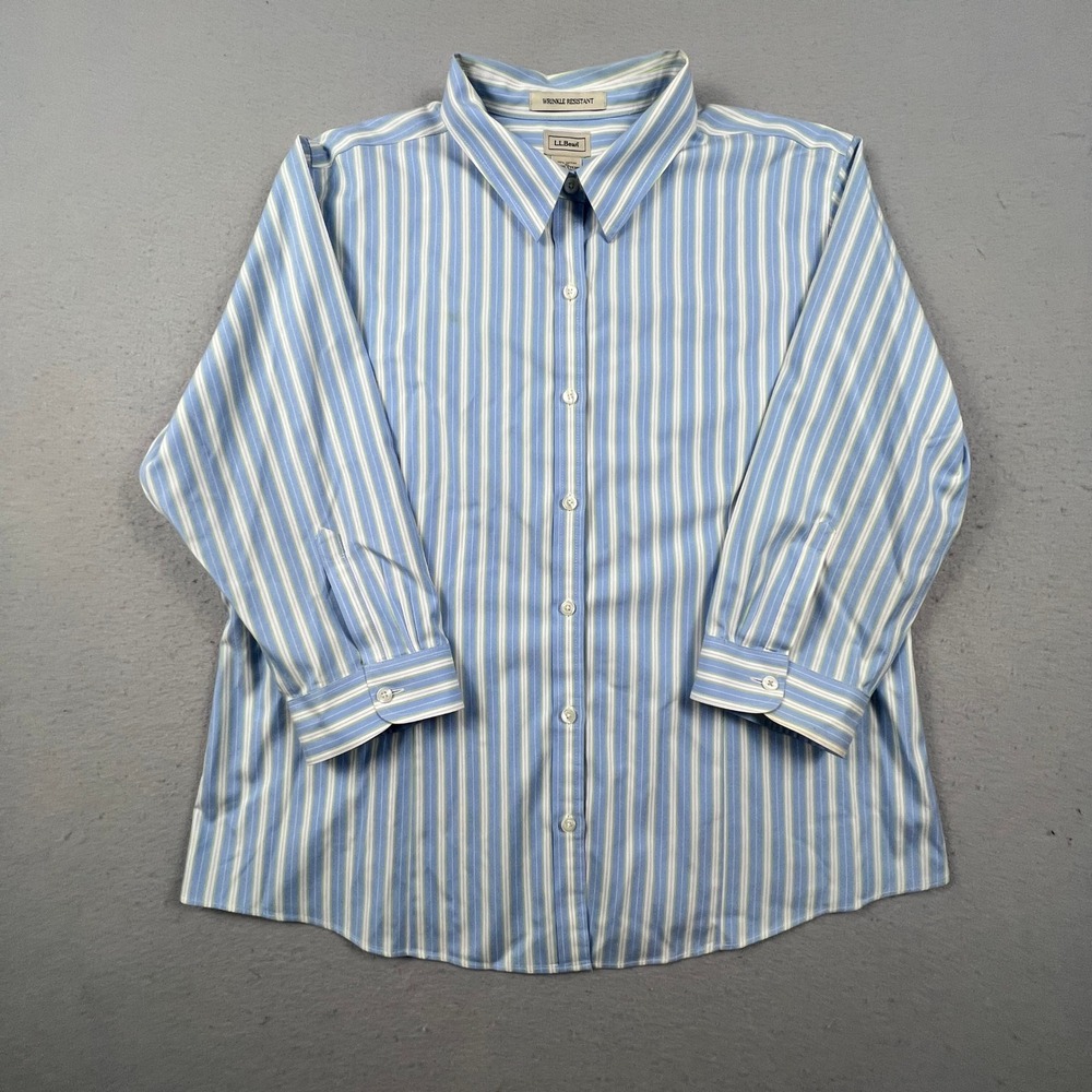 L.L. Bean Button Down Shirt Womens XL Blue White Striped Wrinkle Resistant Top